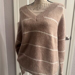 Lulu's Taupe and Cream Striped V-Neck Sweater